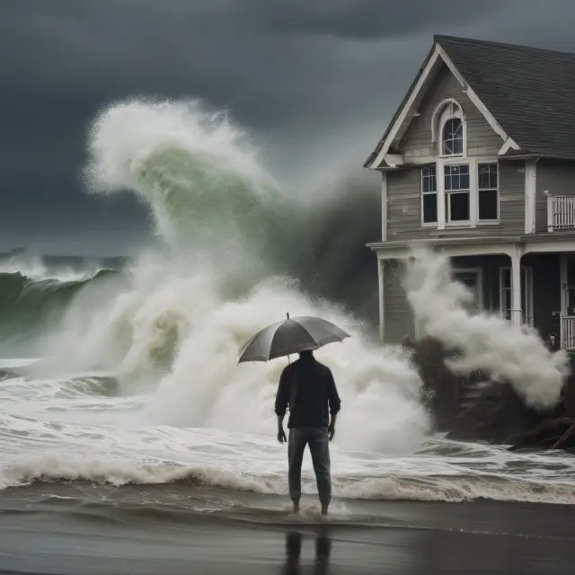 A homeowner navigating turbulent waters, protected by stacks of hazard insurance policies against various perils
