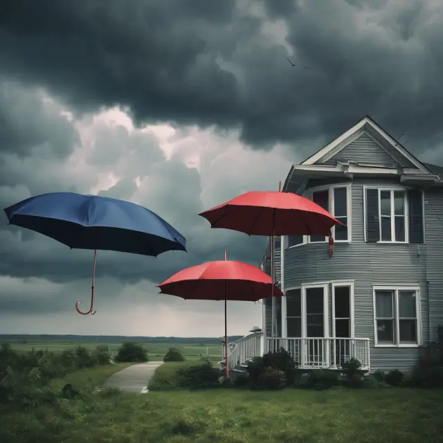 Two umbrellas guarding a house from heavy rain and winds, representing the importance of having separate insurance policies to cover various hazards.