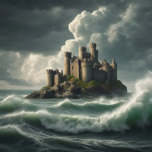 Fortified castle submerged in water, symbolizing the need for adaptive hazard insurance as climate change progresses