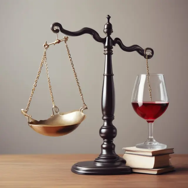 A see-saw with a wineglass on one side and an open insurance policy on the other, representing the delicate balance of substance use and insurance benefits
