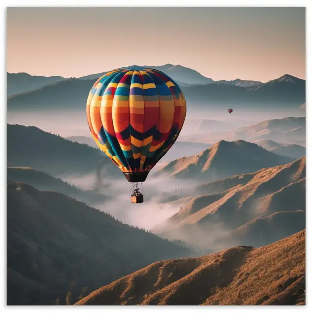 A hot air balloon floating above a mountainous terrain represents adventure activity insurance, providing coverage for extreme sports and high-risk professions.