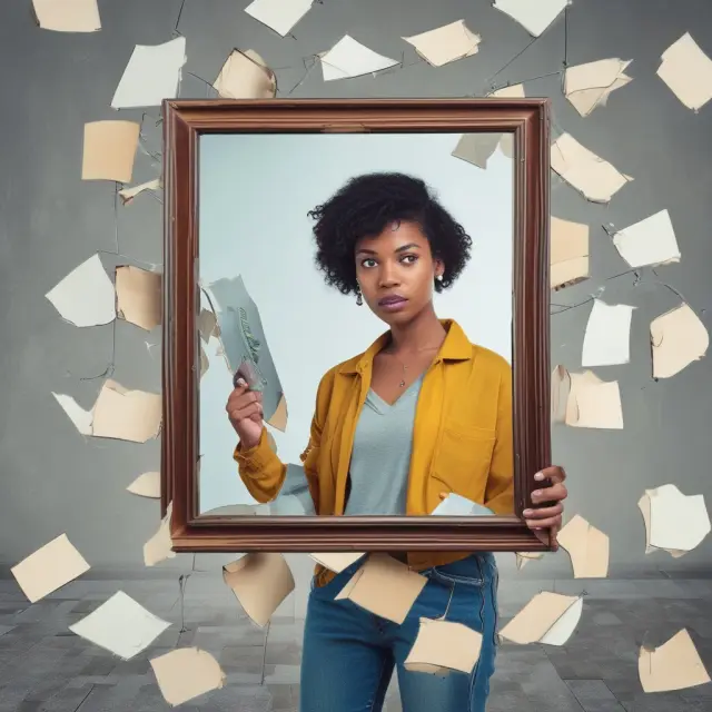 Person examining various insurance policies in a mirror while fragments of hazardous activities scatter around