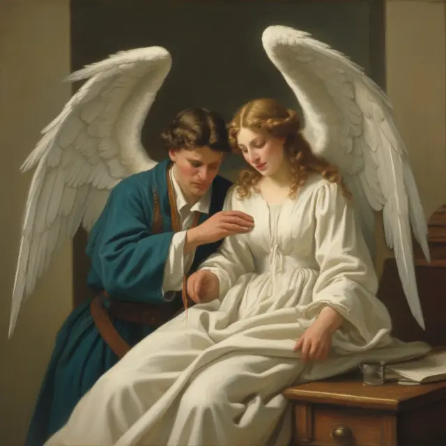 A trustworthy person, symbolized as an angel, holds a protective parchment (HCPA) while accompanying a vulnerable patient at the doctor