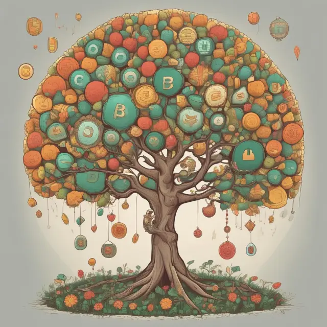 An image of a flourishing cryptocurrency garden, growing from a central seed and mnemonic phrase tree with various digital currencies blooming