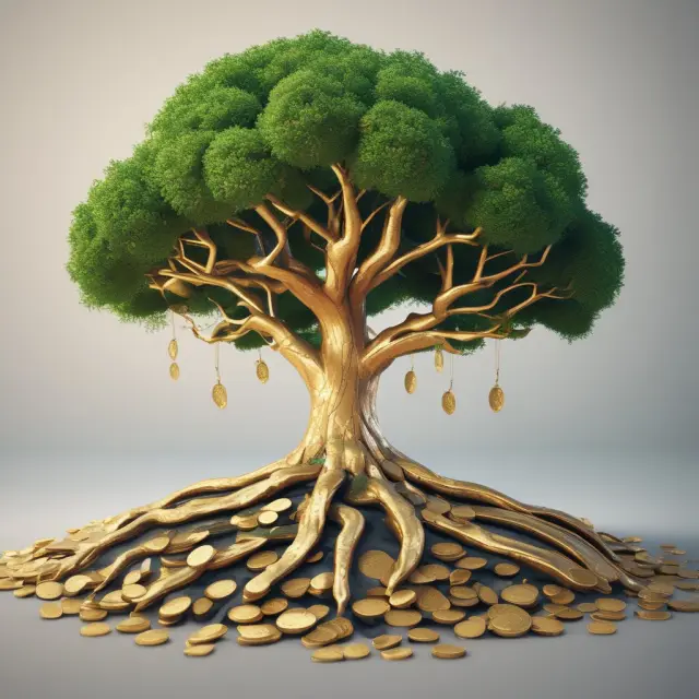 Golden tree with coins on BIP32 roots, representing advanced HD wallet structures and key derivation