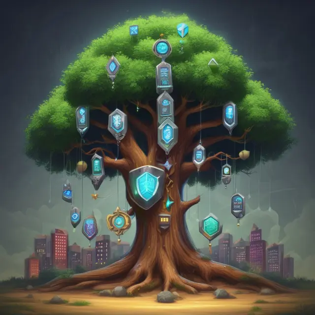 A guardian tree with seed phrases inscribed on its leaves, a strong password fortress, a multisig tower with keys, an updated software shield, and 2FA sentinels protectively surrounding the HD wallet