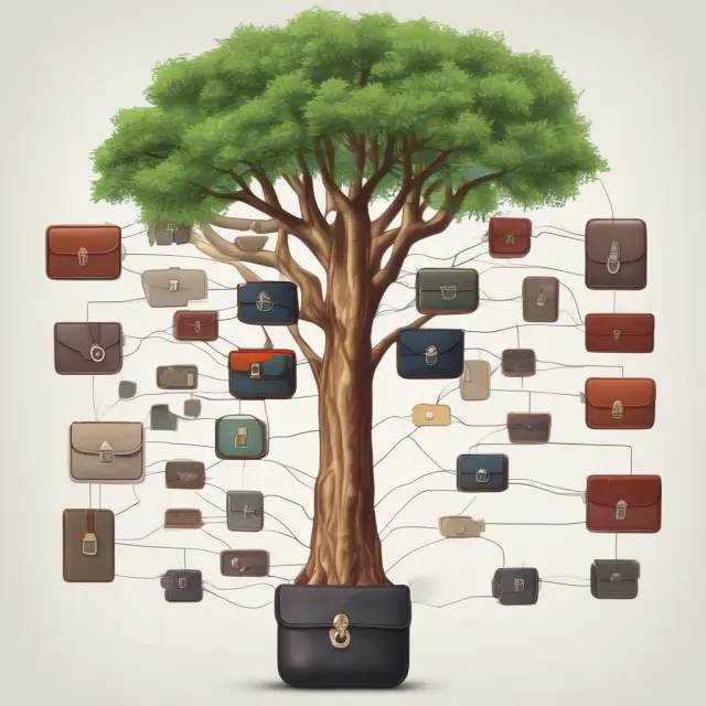 An image of a tree with interconnected branches representing HD wallets and their keys for easy organization, security, and recovery