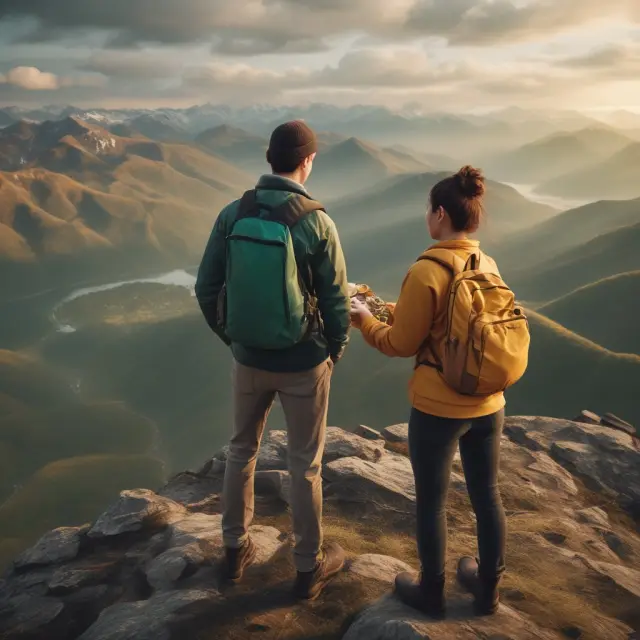 Younger, healthy couple with HDHPs, standing atop a mountain of savings, overlooking diverse healthcare landscape
