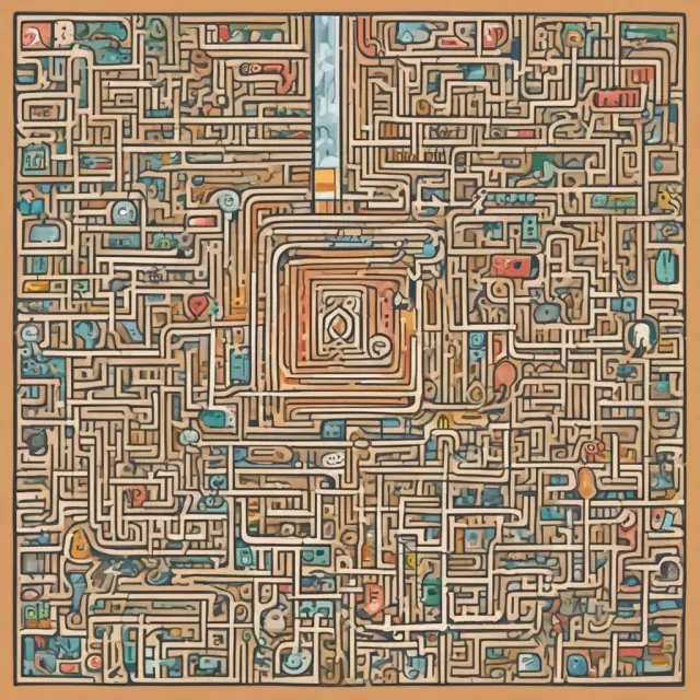Maze illustrating the decision between traditional and HDHP insurance plans. Healthcare symbols depict various deductibles, premiums, and cost structures.