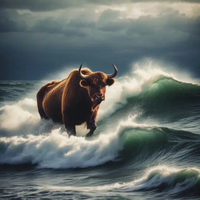 Head and Shoulders pattern transforming a turbulent sea into tranquil waters, symbolizing bullish market reversal