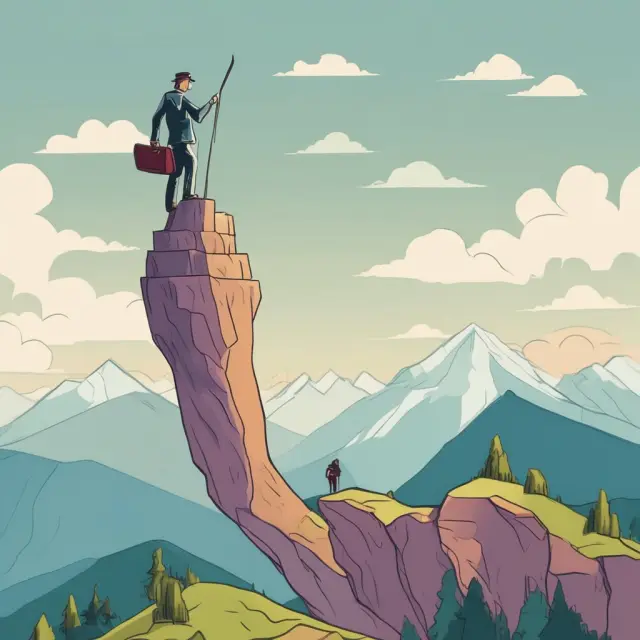 An investor climbing a mountain with wider tax brackets represented by heads of household status, signifying broader savings opportunities.
