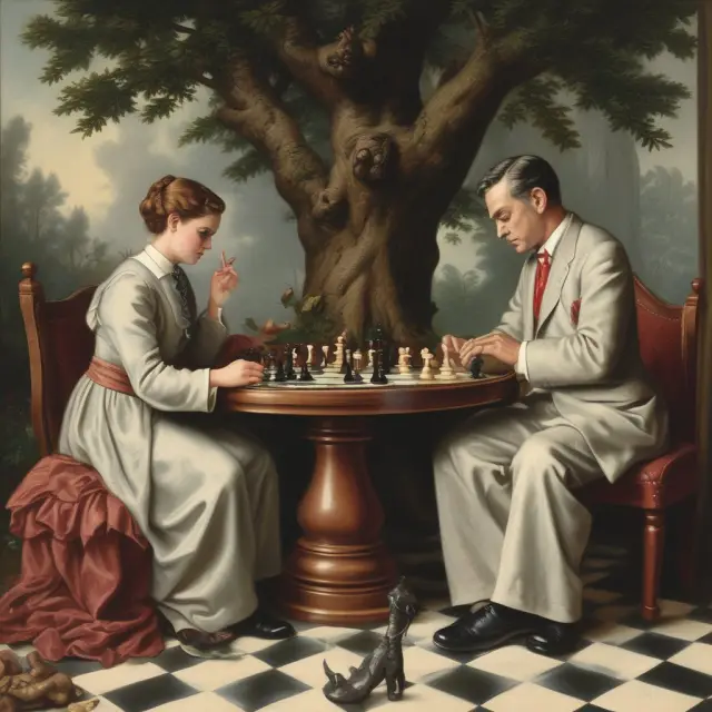 Two parents arranging chess pieces representing their roles as custodial and noncustodial on a family tree, symbolizing the complexities of Head of Household eligibility in divorce situations