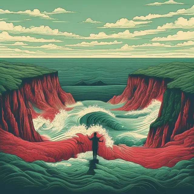 A trader on a cliff, deciding between green and red waves, representing potential profits or losses from head-fake trades.