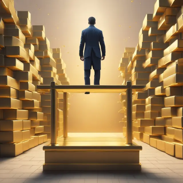 A trader balances on a seesaw surrounded by gold bars, symbolizing the volatility and unpredictability of head-fake trades.