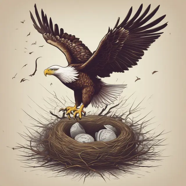 An eagle, symbolizing headhunters, flying above a nest filled with HR department candidates