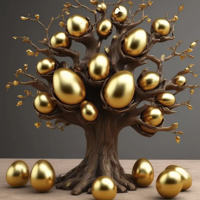 Headhunters growing candidates from golden eggs on a tree, illustrating successful recruitment.