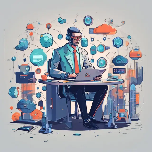 Image of a headhunter in front of a digital backdrop, utilizing AI recruitment tools and engaging with a diverse group of candidates