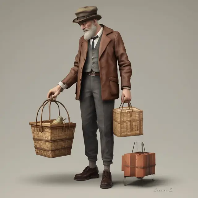 A time traveler holding baskets of goods, one from the base year and another from the present day, standing on a scale to measure price increase due to inflation