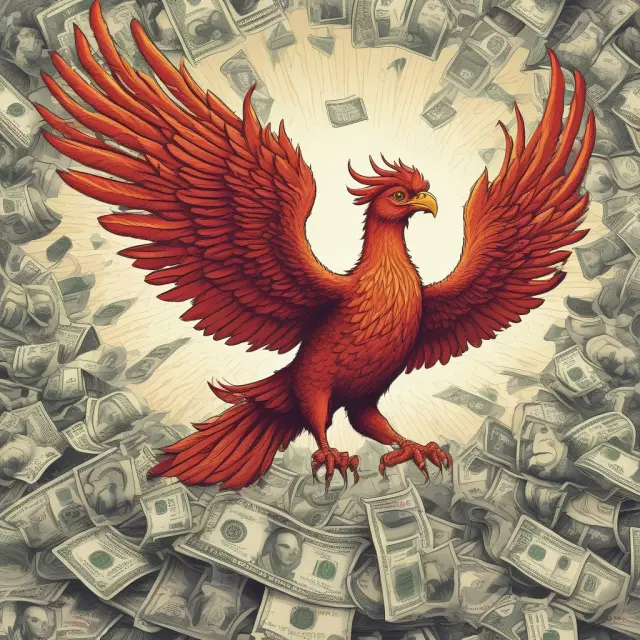 An image of a mythical phoenix emerging from a body of water filled with various currencies, representing the power and transformative role of a central bank in economic stability.