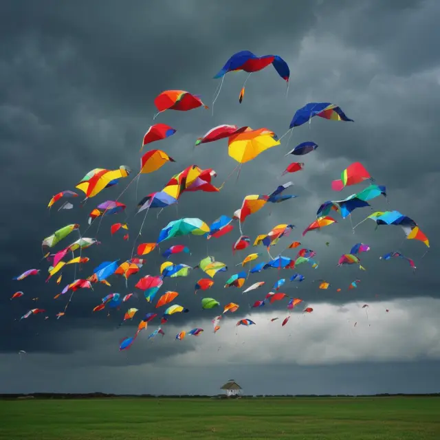 A group of colorful kites, representing investment diversification, flying in a stormy sky illustrates managing headline risk through diversification.