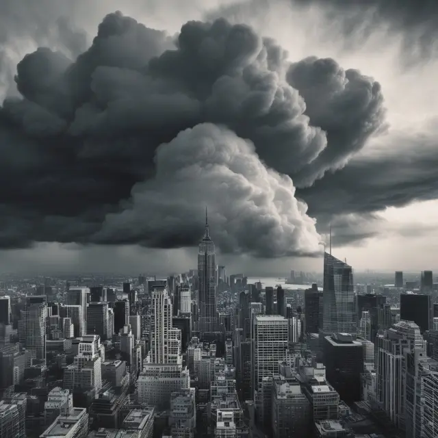 Financial storm cloud overshadowing buildings and symbolizing uncertainty in the financial sector due to sector-specific headline risk during the subprime lending crisis.