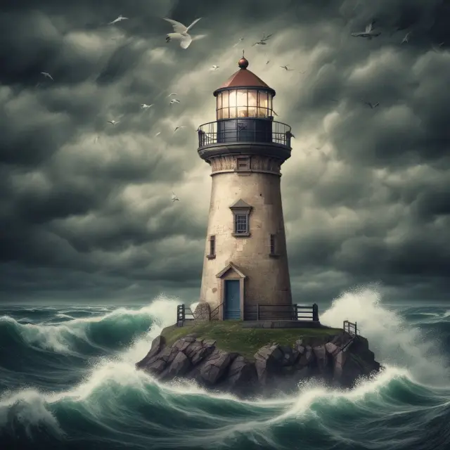 An institutional investor braving rough waters as they steer their ship towards a lighthouse symbolizing crisis communications strategies to manage headline risk in their portfolio