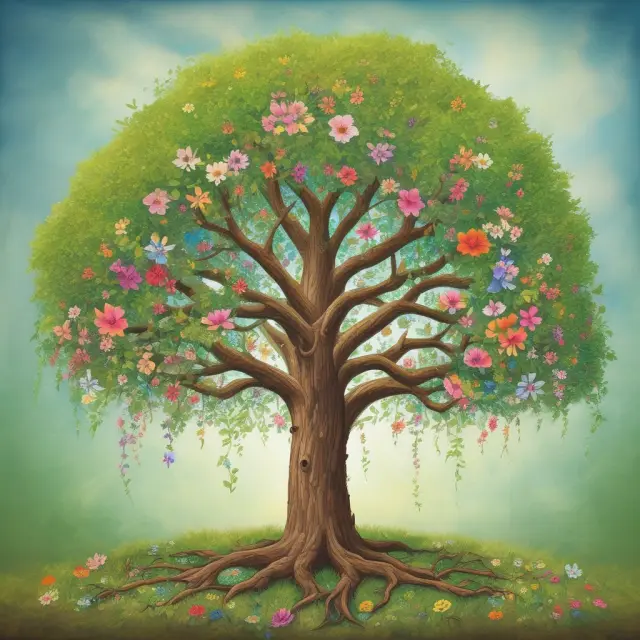 A healing tree bursting with ten blooms, symbolizing the ten essential health benefits that nourish individuals from all walks of life