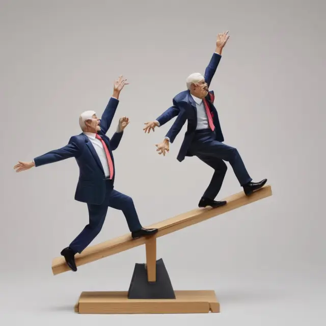 Politicians in vibrant attire on a seesaw representing the ever-changing ACA health insurance marketplace.