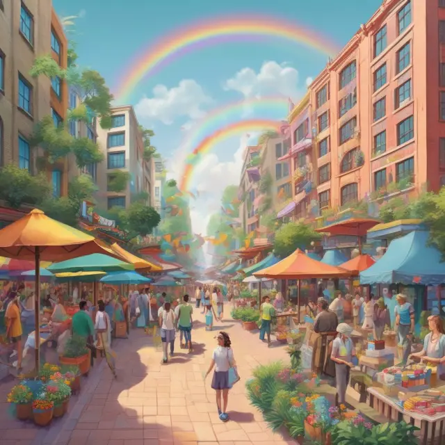 A vibrant marketplace with a rainbow bridge connecting consumers to essential health benefits. This bridge symbolizes access to comprehensive healthcare coverage through the ACA Marketplace.