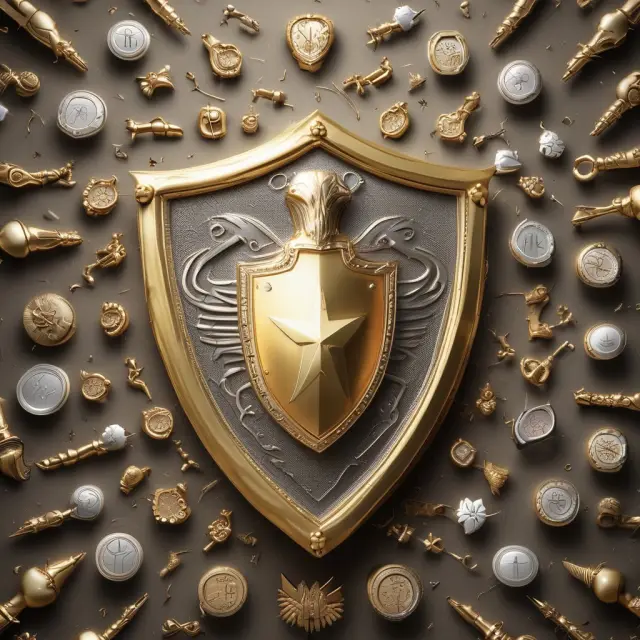 Golden shield protecting individual amidst various healthcare symbols. Platinum health plan coverage.