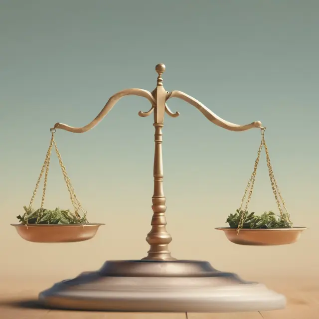 Balanced scale with three arms: one labeled 