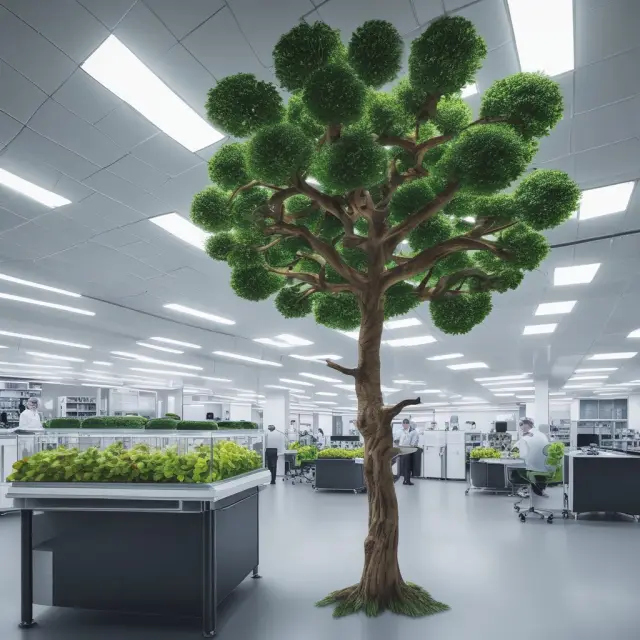 A biotech laboratory blooming with innovative solutions, nurtured by dedicated researchers. The fruits of their labor are picked up by established pharmaceutical corporations for commercialization