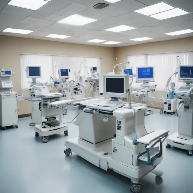 A loom weaving together symbolic representations of traditional medical equipment (bandages, syringes) and advanced devices (MRI machine, surgical robot)