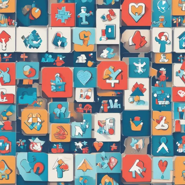Mosaic of health insurance logos and symbols representing HMOs, PPOs, POS plans, and HDHPs