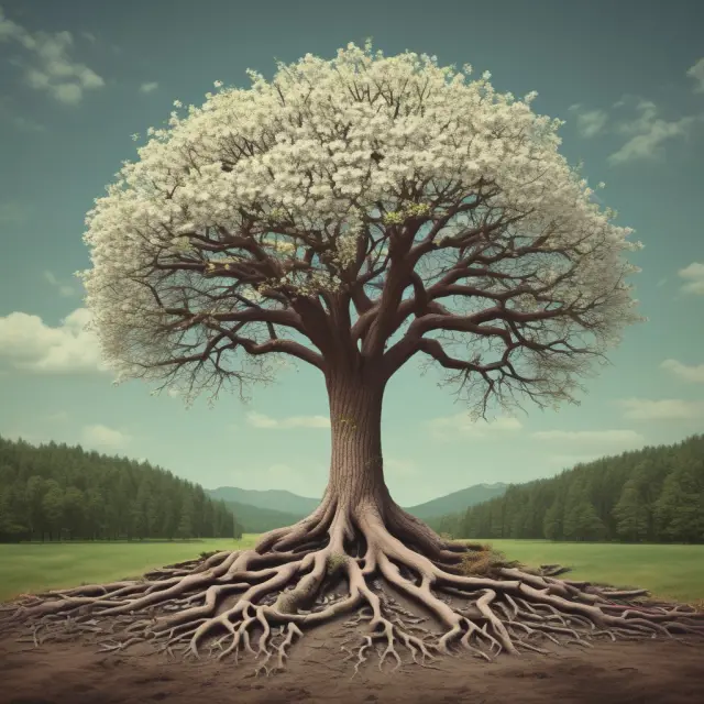 Image of a sturdy tree growing from the Affordable Care Act (ACA) with ten essential health benefits represented by branches and preexisting conditions symbolized as strong roots