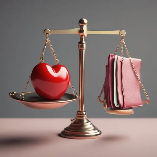 Scale with heart (coverage) and wallet (cost) to illustrate health insurance evaluation.
