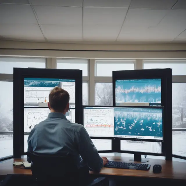A meteorologist examines historical and forecasted Heating Degree Day data on two screens, with winter months