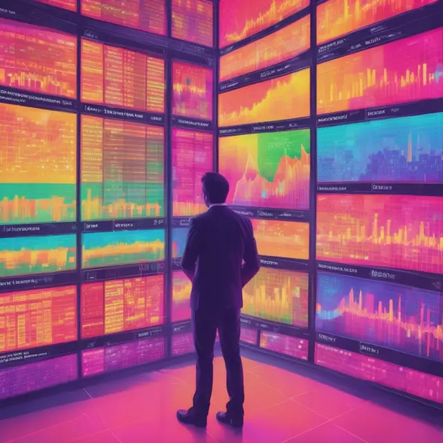 An investor analyzing complex market data with an interactive heatmap, revealing color-coded trends and insights