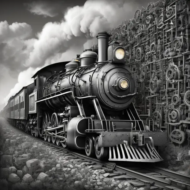 An old steam locomotive moving through intricate gears, representing heavy industrial development