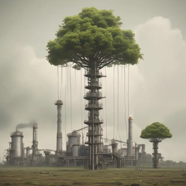 An industrial landscape with factories juxtaposed against a thriving forest, emphasizing heavy industry