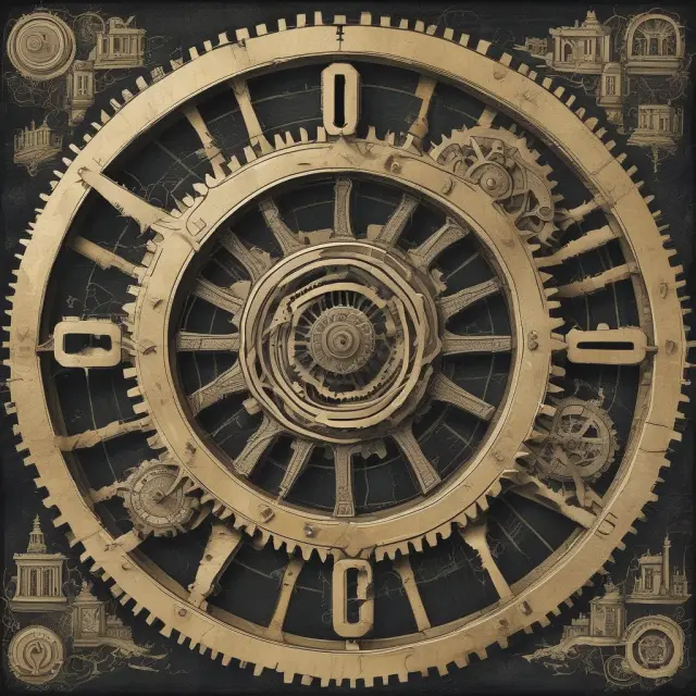 A large, intricate gearwheel composed of capital-intensive heavy industry symbols turns the economic cycle