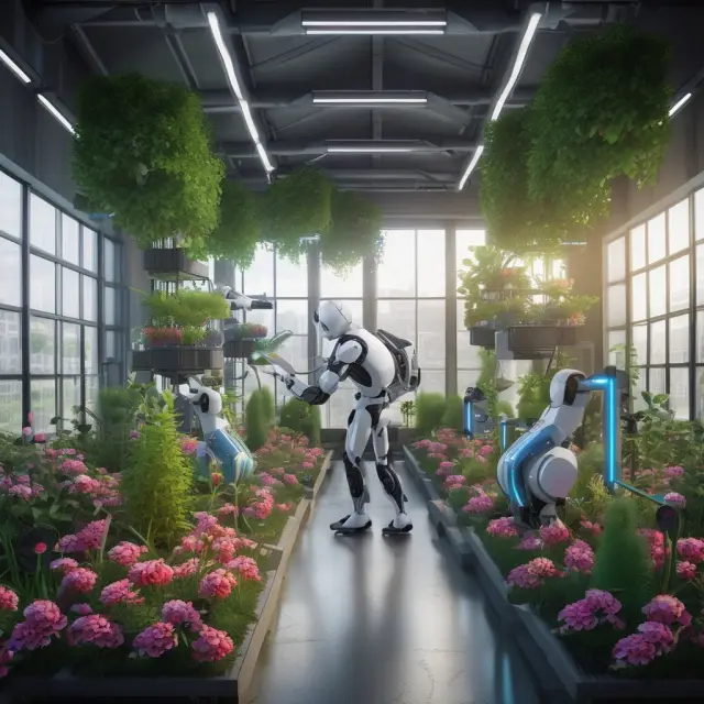 An image of a sustainable factory surrounded by robotics and greenery, symbolizing the future of heavy industry focused on sustainability.
