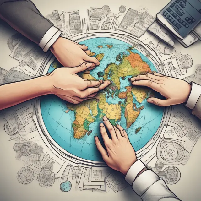 Two hands exchanging goods while representing countries