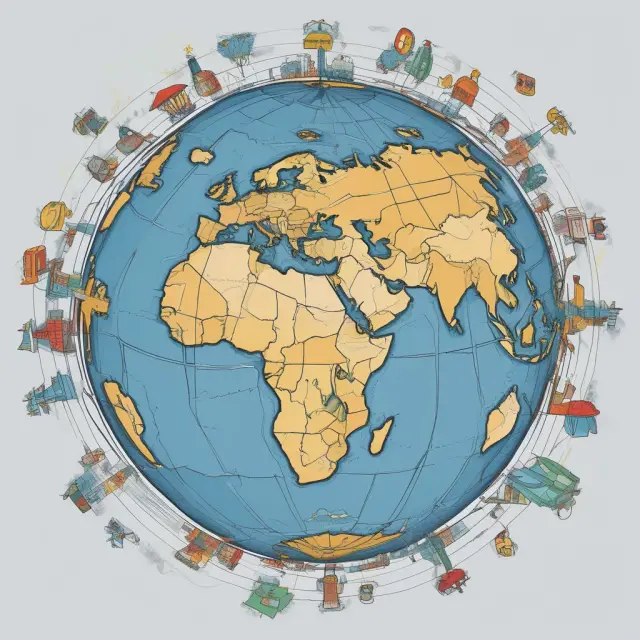 An image of a connected world map, with select countries producing labor-intensive goods and others specializing in capital-intensive industries.
