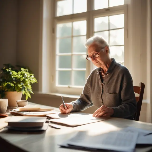 An elderly homeowner reviewing papers under golden sunrays, indicating the process of assessing eligibility for Home Equity Conversion Mortgages