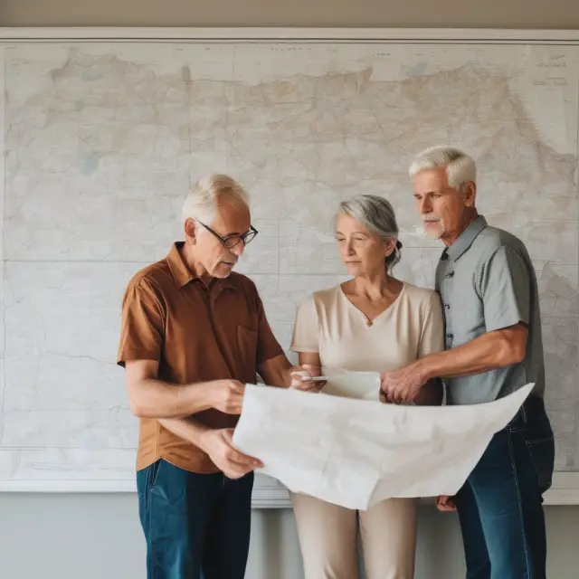 An old couple studying a real estate map with FHA loan limits and net worth scale illustrating maximum HECM loan amounts and net principal limits