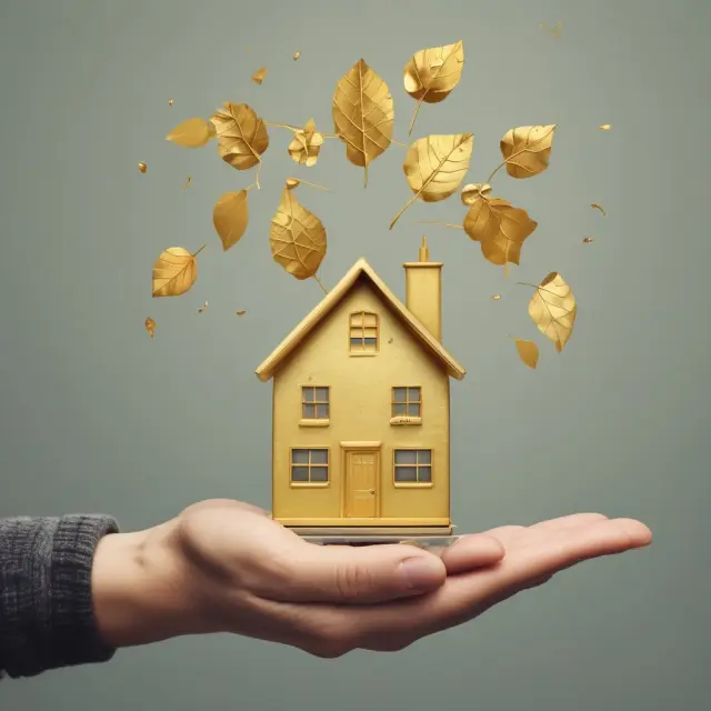 Golden hand holding mortgage with origin fees as falling leaves and mortgage insurance as weights, illustrating HECM costs