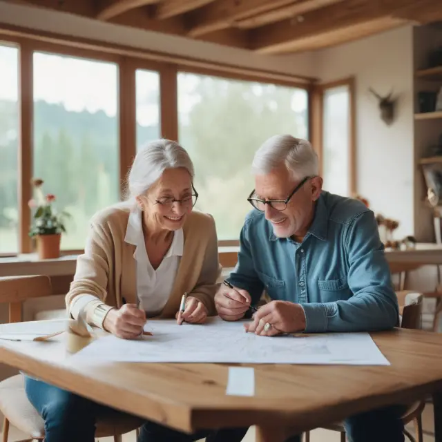 Older homeowners discussing HECM options with financial advisor, surrounded by property map