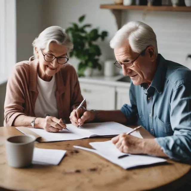 Two seniors contemplating their choices at a table with HECM and single-purpose reverse mortgage contracts, illustrating the comparison between flexibility and cost in reverse mortgages.