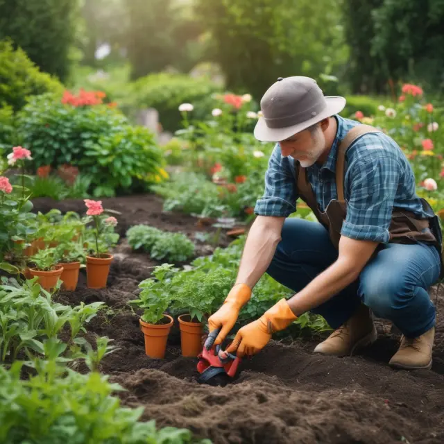 A gardener tenderly tends to a flourishing home equity conversion mortgage (HECM) garden, ensuring property maintenance tasks, real estate taxes, and insurance are addressed for continued growth.